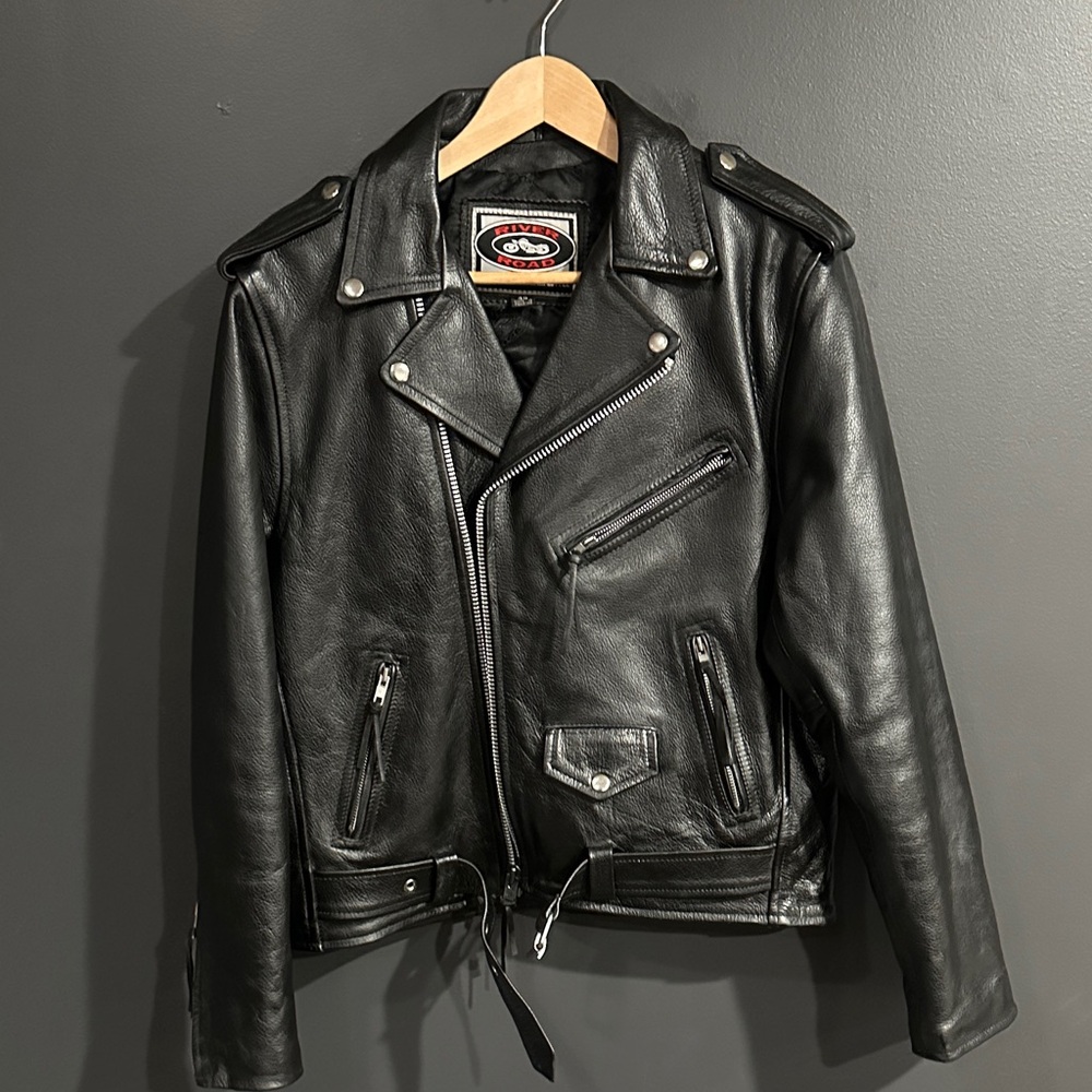 River Road Sleek Black Leather Biker Jacket Motorcycle 40